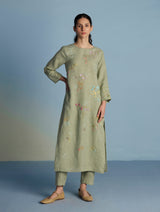 Emra Hand-Embroidered Linen Kurta - Mint