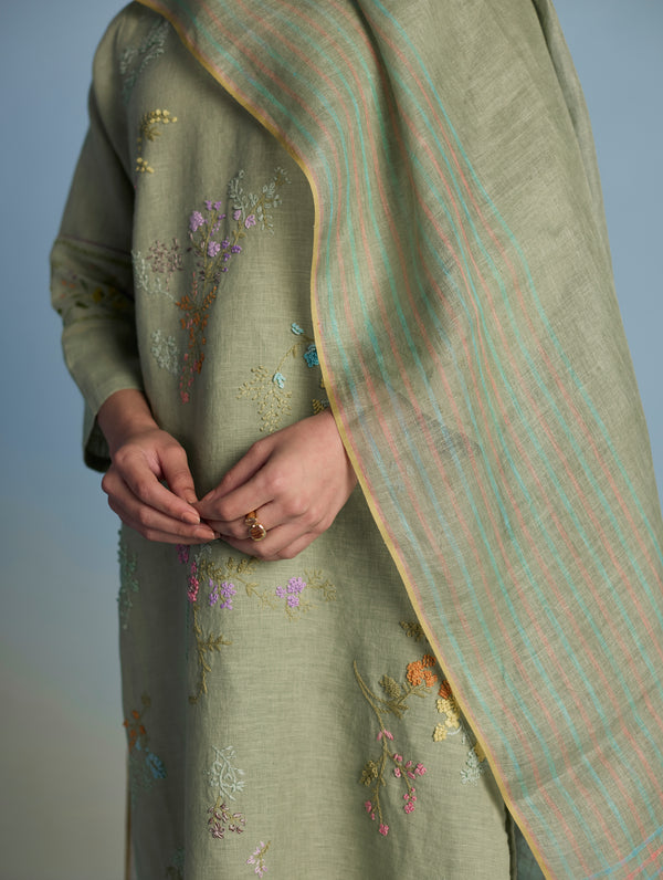 Maso Handwoven Linen Stripe Dupatta - Mint