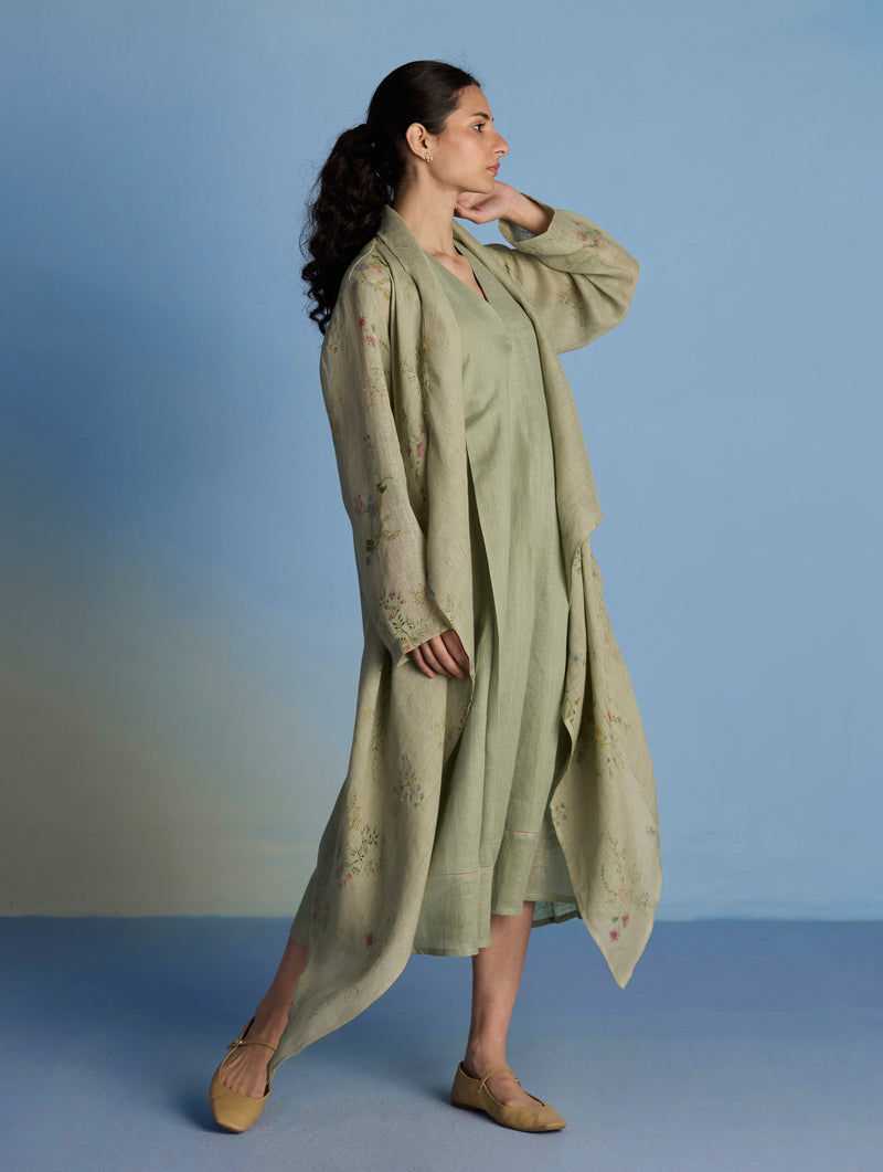 Ita Pleated Linen Dress and Overlay - Mint