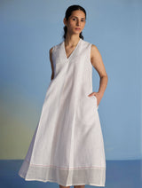 Ita Pleated Linen Dress and Overlay - White