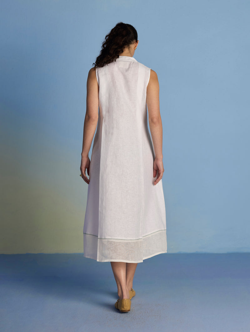 Ita Pleated Linen Dress and Overlay - White