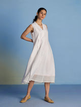 Ita Pleated Linen Dress and Overlay - White