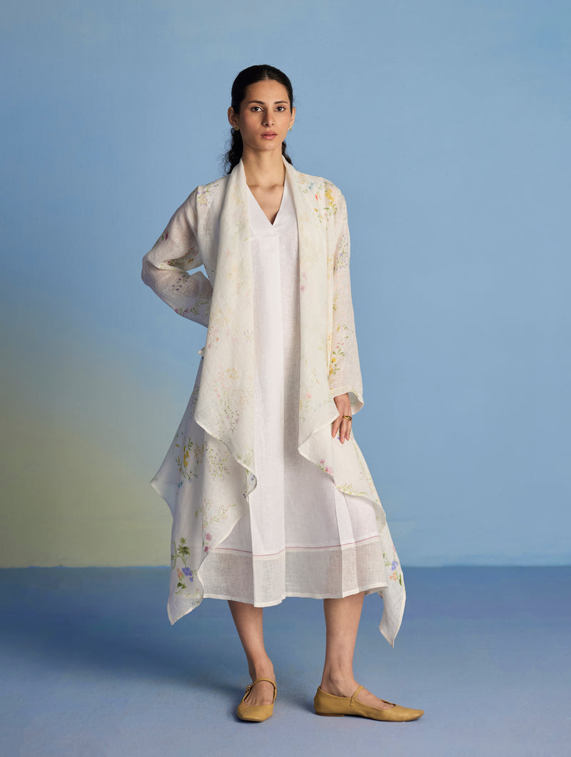 Ita Pleated Linen Dress and Overlay - White