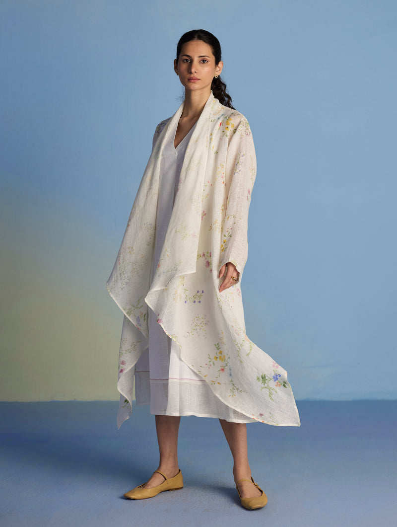 Ita Pleated Linen Dress and Overlay - White