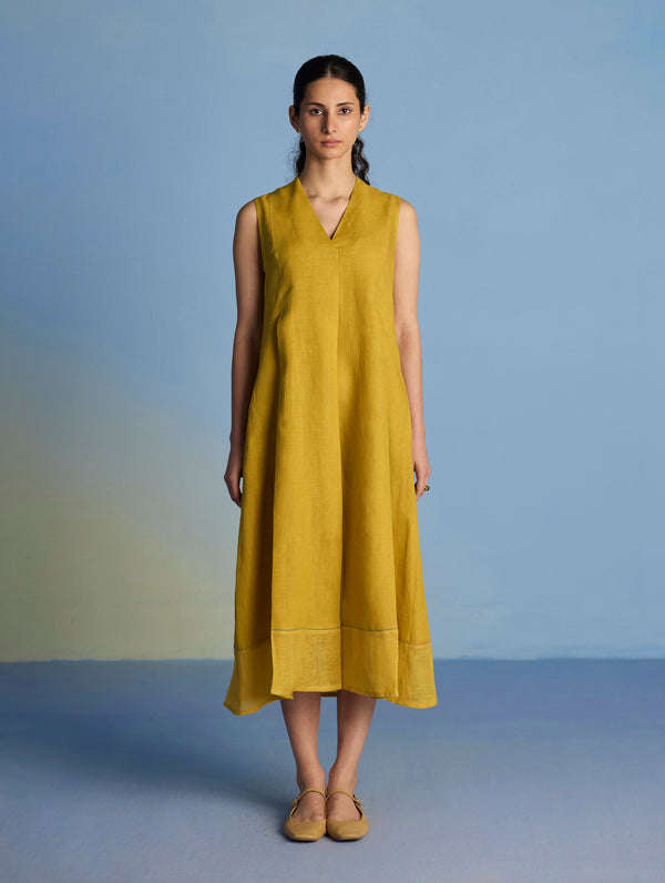 Ita Pleated Linen Dress - Ochre