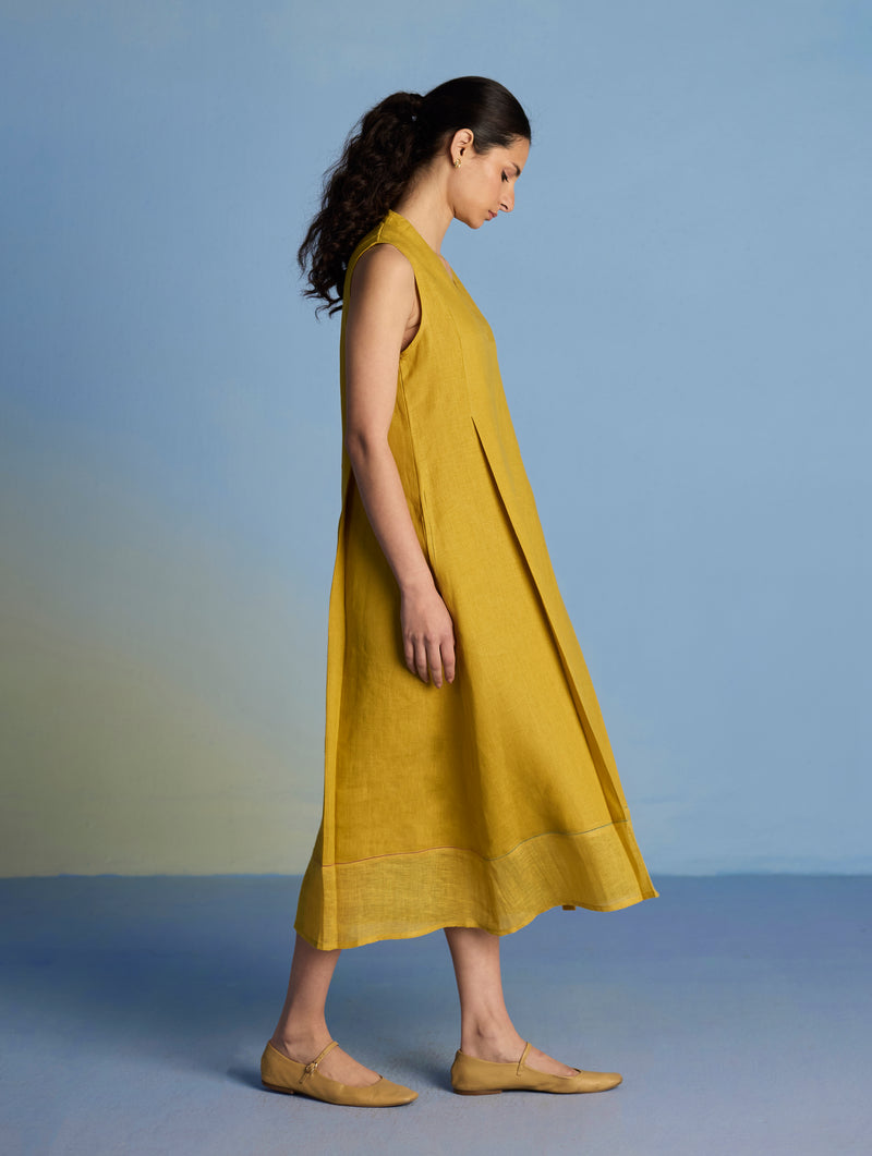 Ita Pleated Linen Dress and Overlay - Ochre