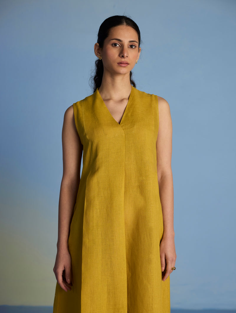 Ita Pleated Linen Dress - Ochre