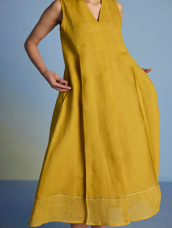 Ita Pleated Linen Dress - Ochre