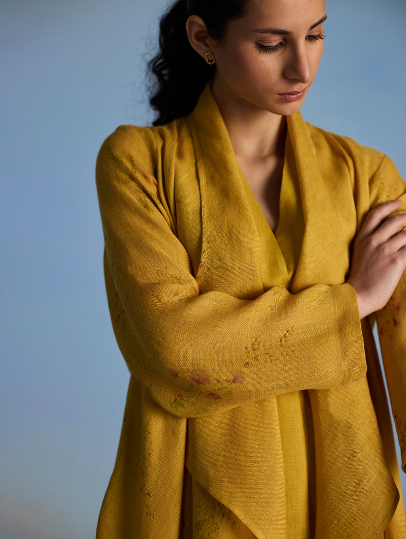 Ita Pleated Linen Dress and Overlay - Ochre