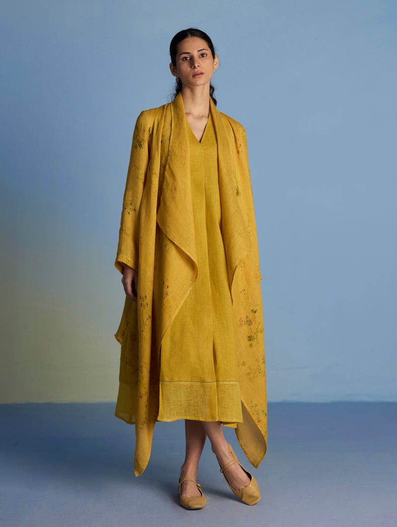 Ita Pleated Linen Dress and Overlay - Ochre