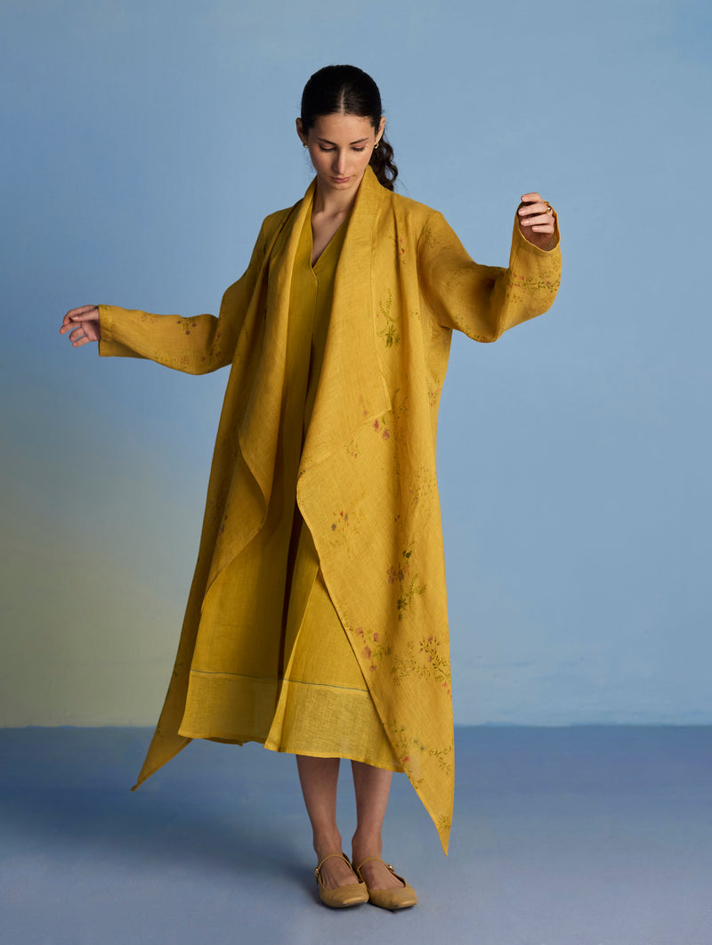 Ita Pleated Linen Dress and Overlay - Ochre