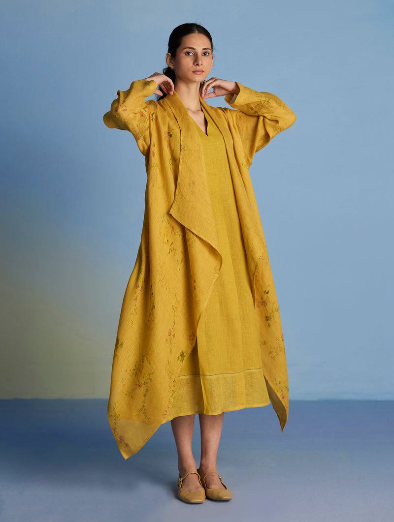 Ita Pleated Linen Dress and Overlay - Ochre