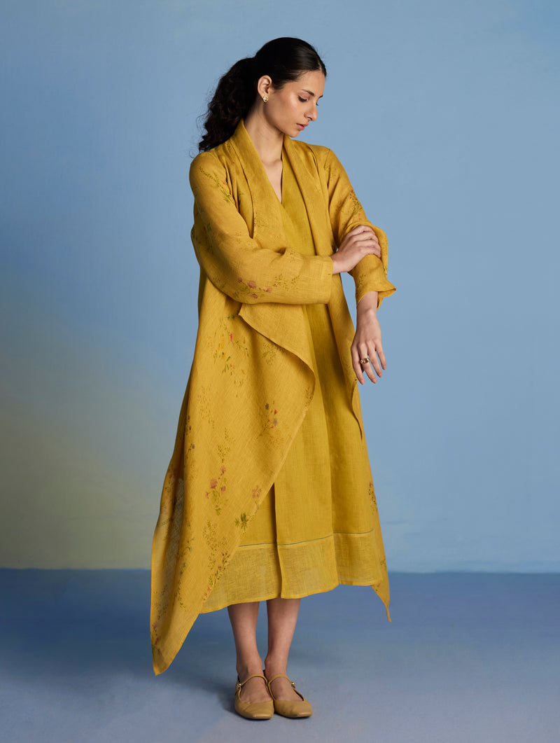 Ita Pleated Linen Dress and Overlay - Ochre