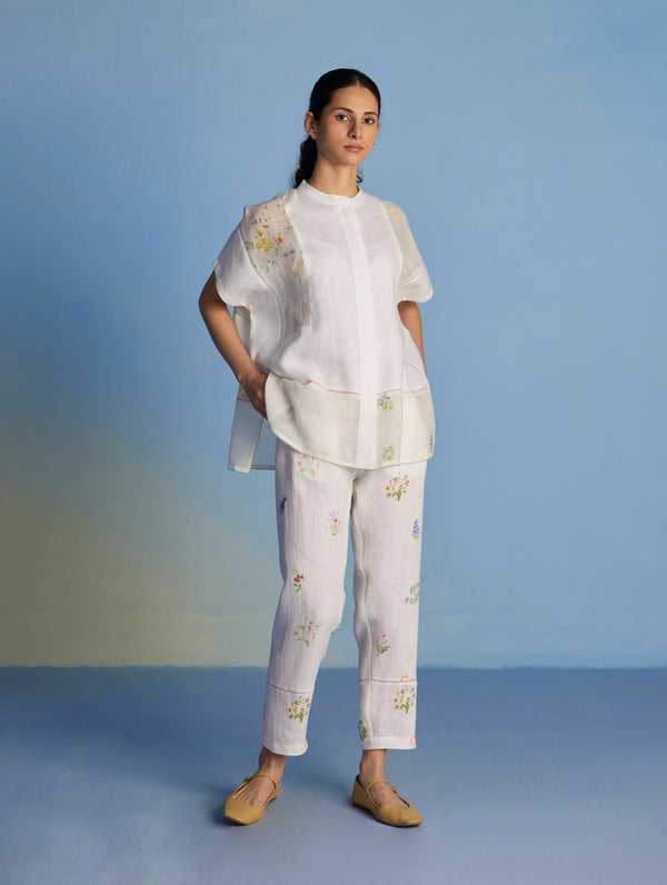 Nama Floral Linen Pant - White