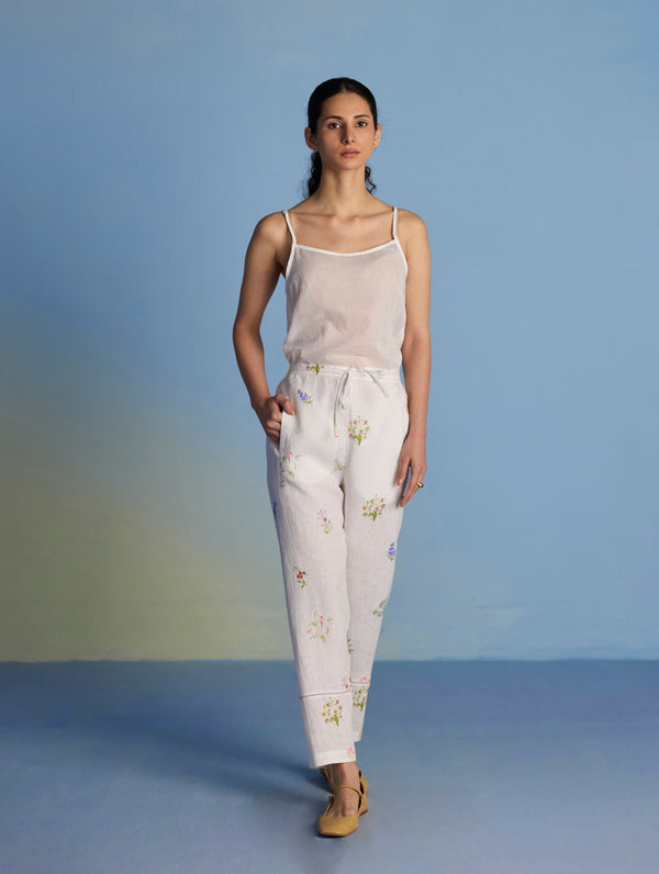 Nama Floral Linen Pant - White