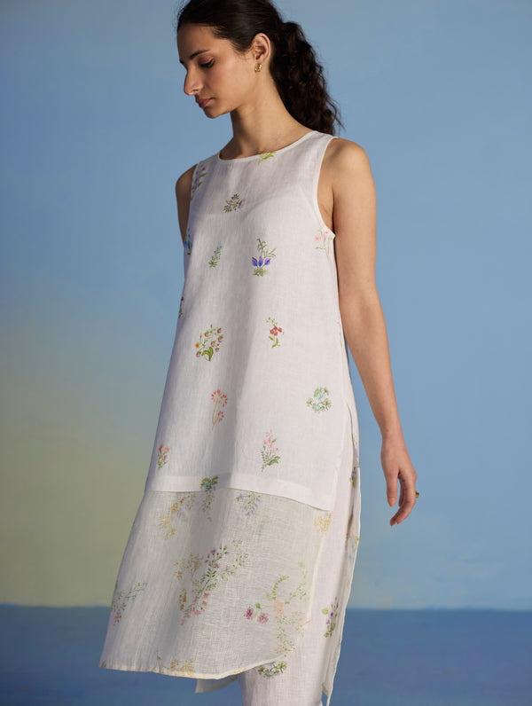 Aneya Patchwork Floral Linen Kurta - White