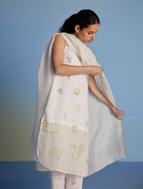 Aneya Patchwork Floral Linen Kurta - White