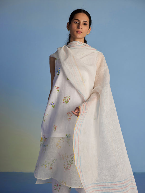 Maso Handwoven Linen Stripe Dupatta - White