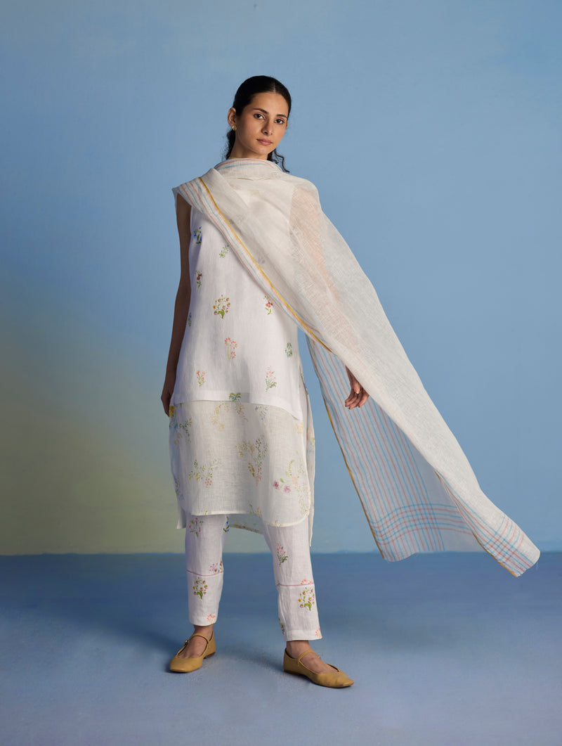 Aneya Patchwork Floral Linen Kurta Set - White