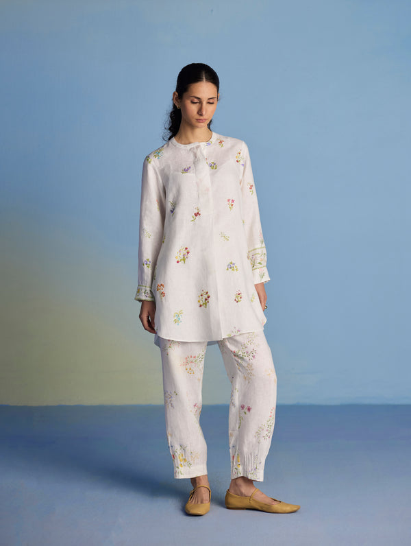 Anya Hand-Embroidered Floral Linen Co-ord Set - White