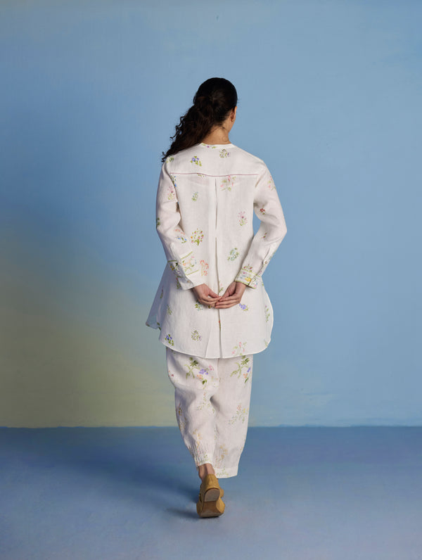 Anya Hand-Embroidered Floral Linen Co-ord Set - White