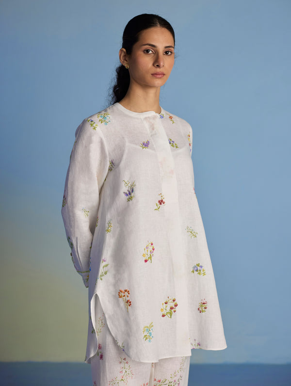 Anya Hand-Embroidered Floral Linen Kurta - White