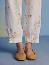 Raya Pintuck Floral Linen Pant - White