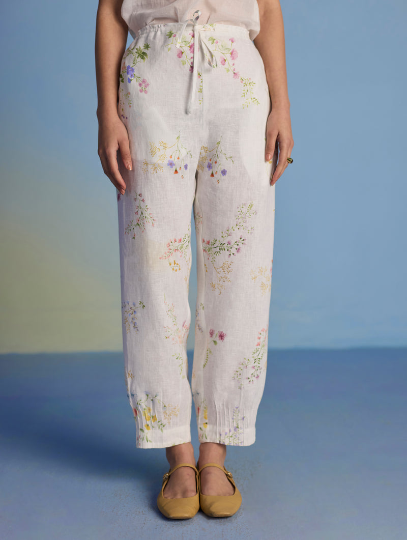 Raya Pintuck Floral Linen Pant - White