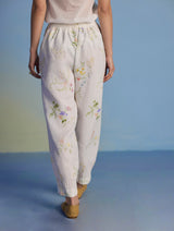 Raya Pintuck Floral Linen Pant - White