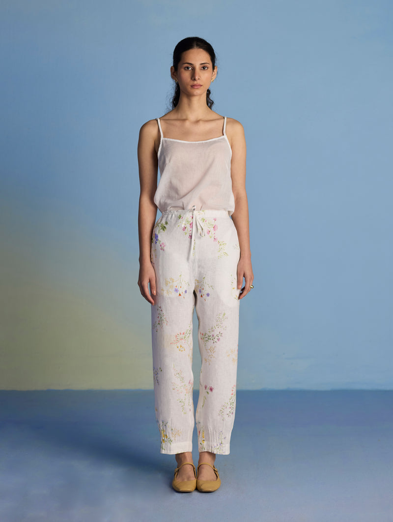 Raya Pintuck Floral Linen Pant - White