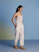 Raya Pintuck Floral Linen Pant - White