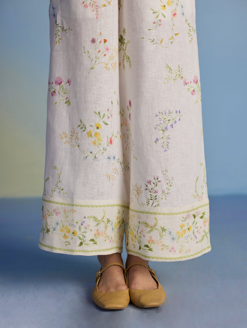 Ama Floral Printed Linen Pant - White