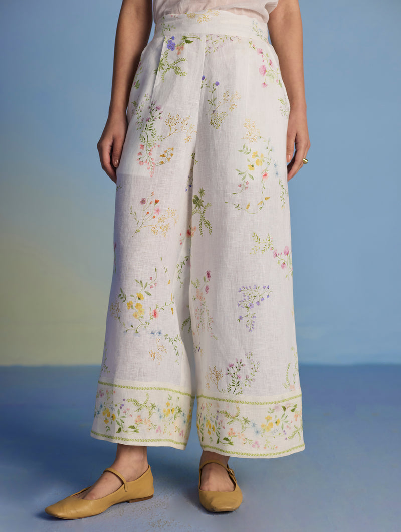 Ama Floral Printed Linen Pant - White