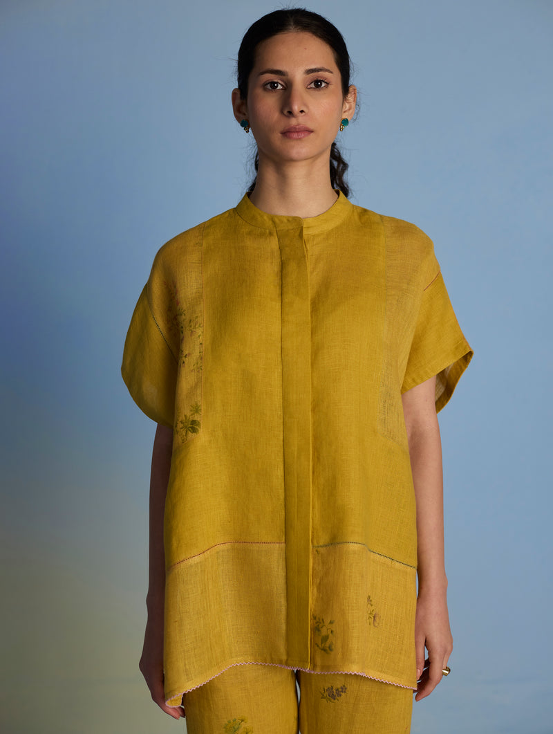 Aboli Patchwork Linen Shirt - Ochre