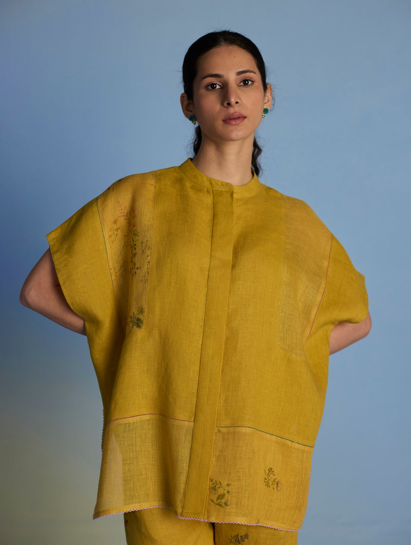 Aboli Patchwork Linen Shirt - Ochre