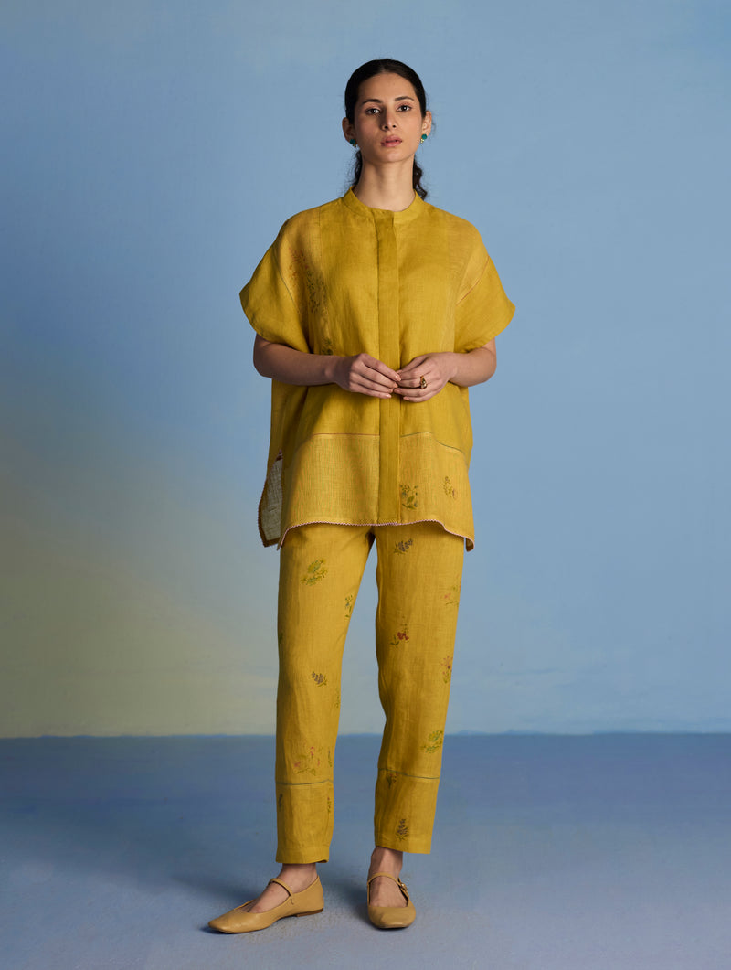 Aboli Patchwork Linen Shirt - Ochre