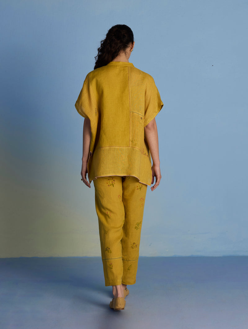 Aboli Patchwork Linen Shirt - Ochre