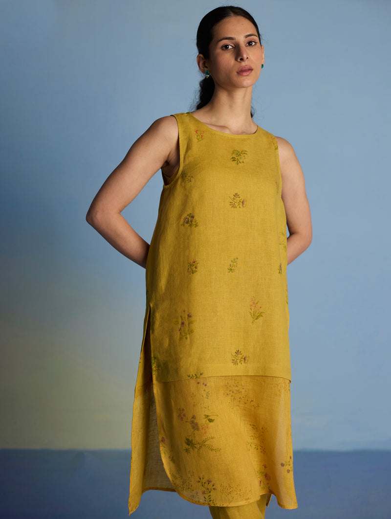 Aneya Patchwork Floral Linen Kurta - Ochre