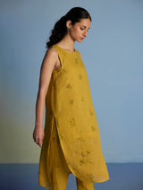 Aneya Patchwork Floral Linen Kurta - Ochre