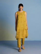 Aneya Patchwork Floral Linen Kurta - Ochre