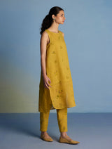 Aneya Patchwork Floral Linen Kurta - Ochre