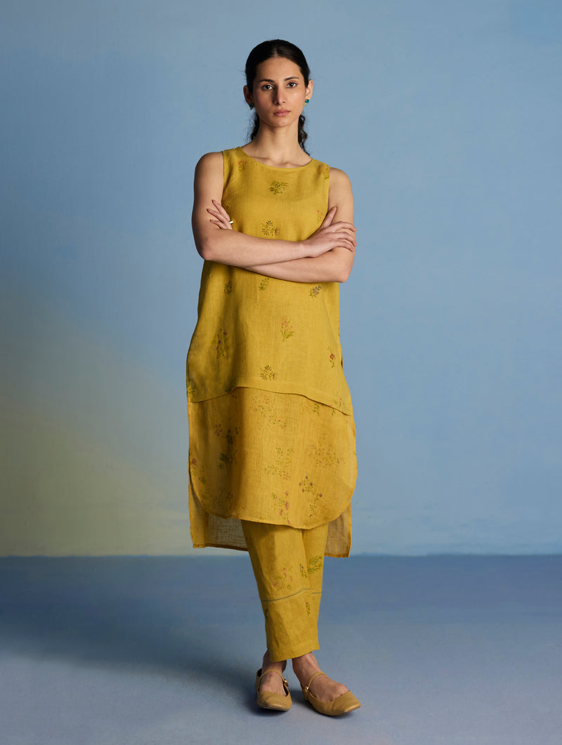 Aneya Patchwork Floral Linen Kurta Set - Ochre