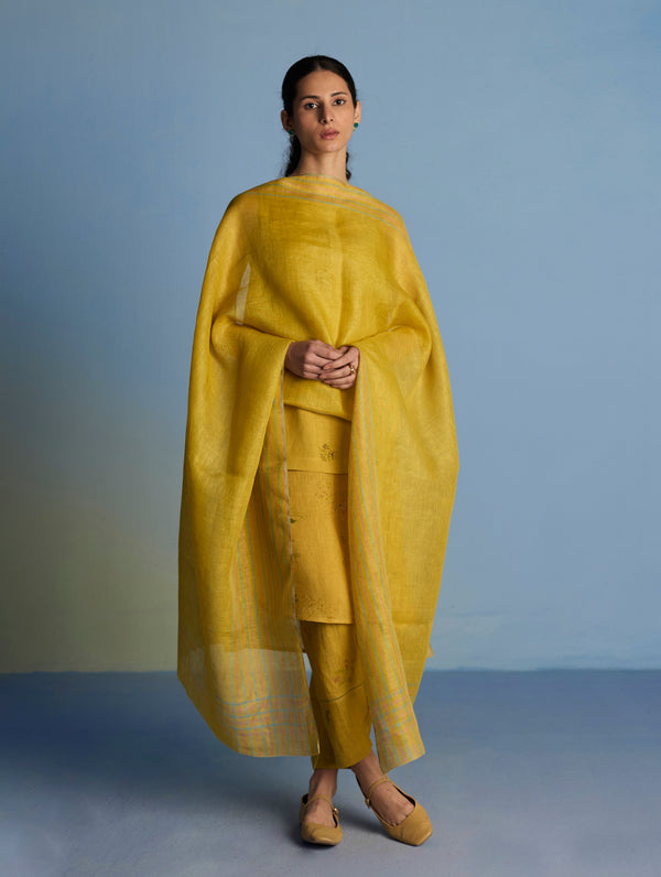 Maso Handwoven Linen Stripe Dupatta - Ochre