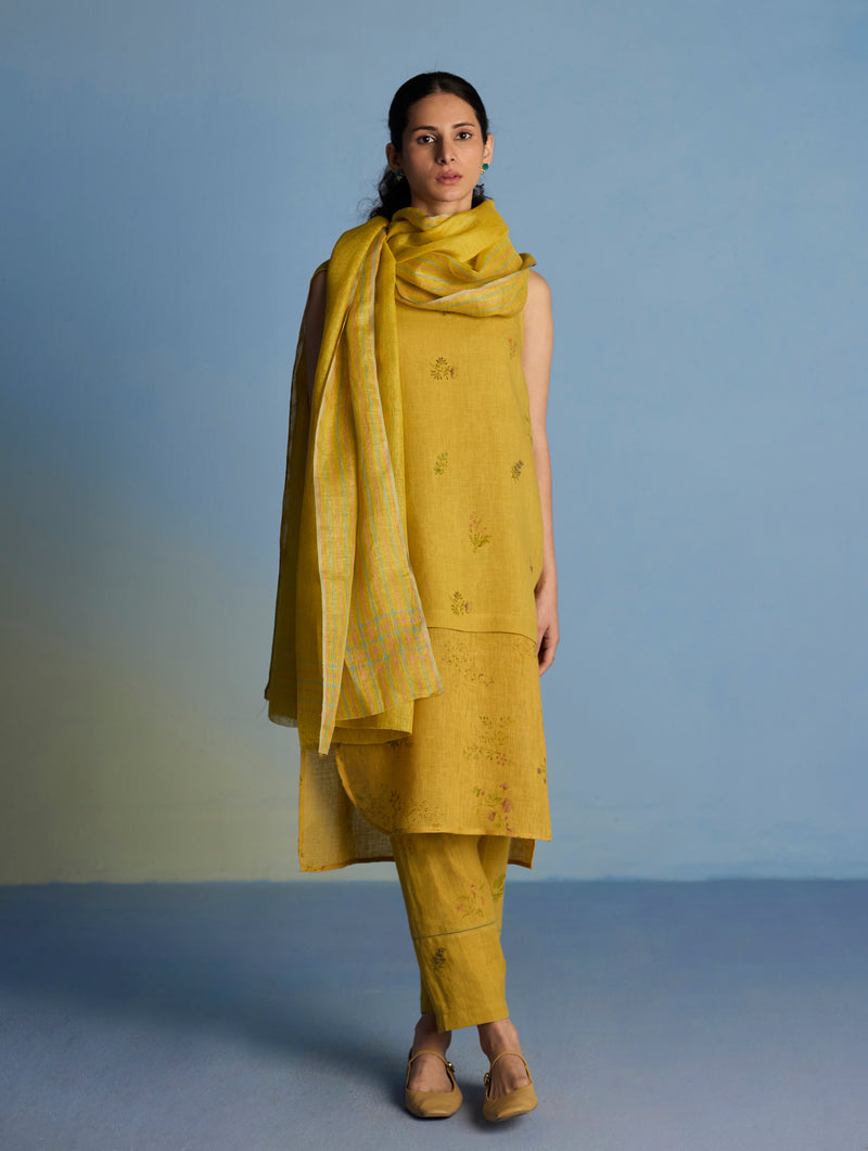 Aneya Patchwork Floral Linen Kurta - Ochre