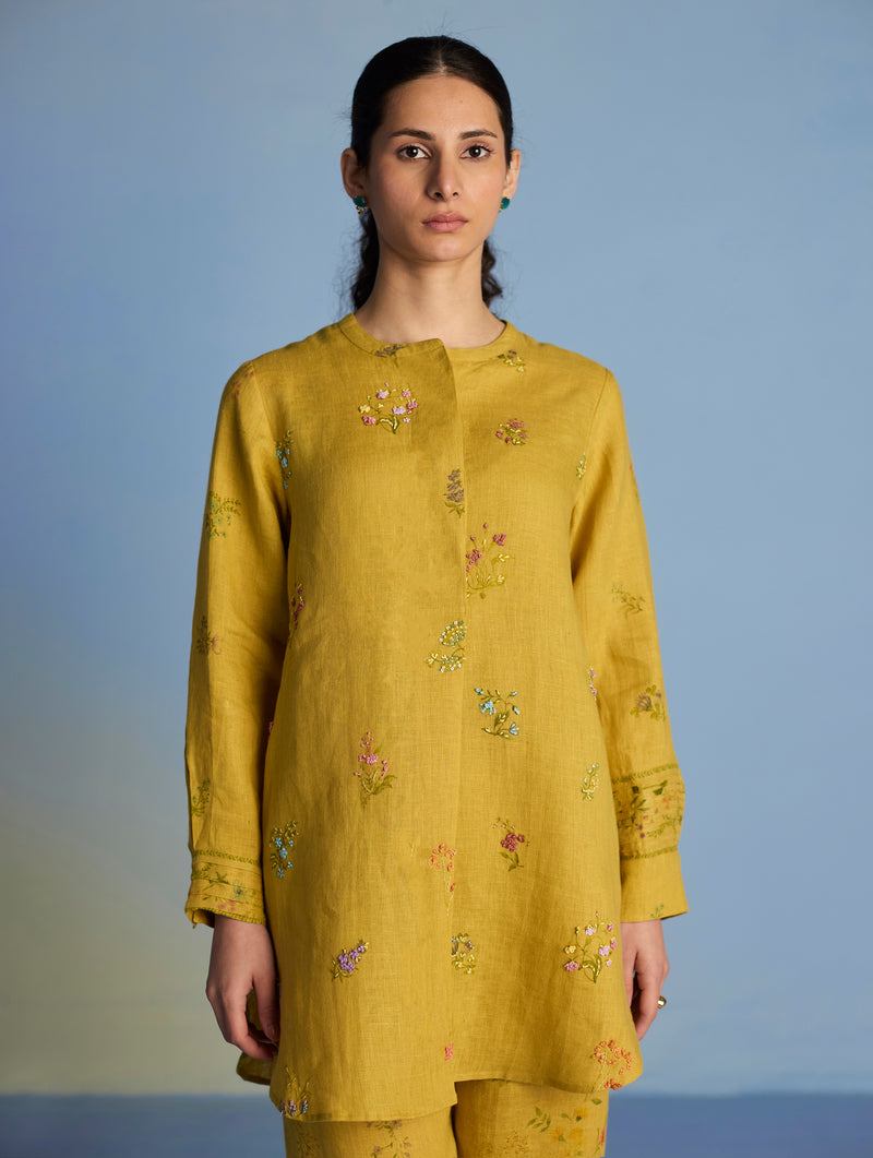 Anya Hand-Embroidered Floral Linen Co-ord Set - Ochre