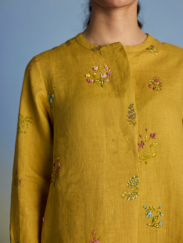 Anya Hand-Embroidered Floral Linen Kurta - Ochre