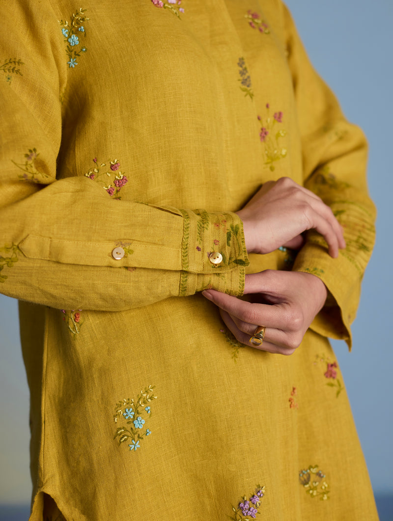 Anya Hand-Embroidered Floral Linen Co-ord Set - Ochre