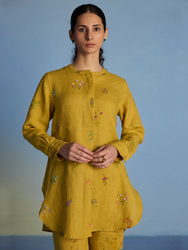 Anya Hand-Embroidered Floral Linen Kurta - Ochre