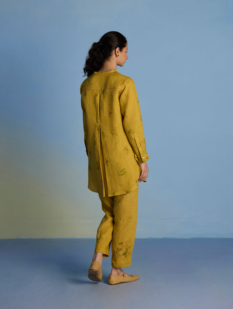 Raya Pintuck Floral Linen Pant - Ochre