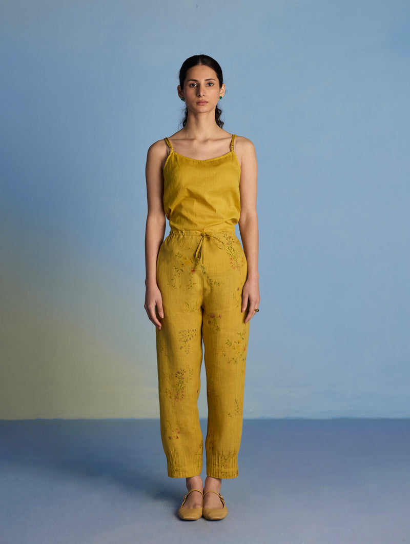 Raya Pintuck Floral Linen Pant - Ochre